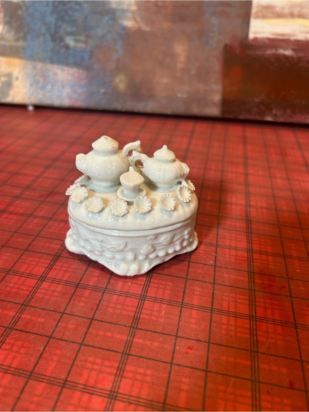 Antique Victorian Fairing Porcelain Trinket Box Tea Service Top